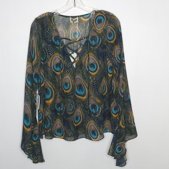 NEW Show Me Your Mumu Zuko Top Peacock Print Lace Up Chiffon Small - Picture 10 of 13